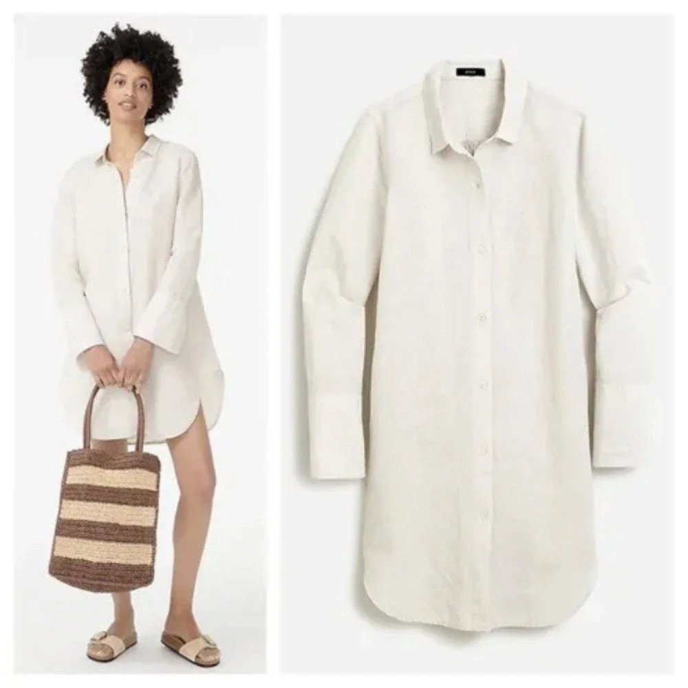 J Crew Linen Cotton Blend Beach Shirt Womens Medium Beige Shirtdress Neutral